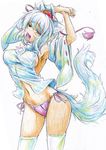  animal_ears arm_up breasts colored_pencil_(medium) cowboy_shot detached_sleeves hat highres inubashiri_momiji kitazinger medium_breasts navel no_pants open_mouth panties pink_panties red_eyes short_hair side-tie_panties simple_background solo stretch tail tokin_hat touhou traditional_media underwear white_background white_hair wolf_ears wolf_tail yawning 