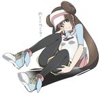  bag black_legwear brown_hair double_bun full_body green_eyes holding holding_poke_ball legwear_under_shorts long_hair looking_at_viewer mei_(pokemon) ningen_(ningen96) pantyhose poke_ball pokemon pokemon_(game) pokemon_bw2 raglan_sleeves shadow shoes shorts shoulder_bag sitting smile sneakers solo translated twintails very_long_hair visor_cap white_background 