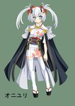  blue_eyes capelet flat_chest gekato horns legs original simple_background skirt solo standing thighhighs twintails white_hair white_legwear 