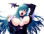  arm_up bat_wings bouncing_breasts breasts cleavage covered_nipples head_wings large_breasts long_hair morrigan_aensland negresco open_mouth purple_wings solo tongue vampire_(game) wings 