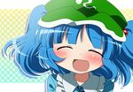  ayu_(iyokanya) blue_hair closed_eyes hair_bobbles hair_ornament hat kawashiro_nitori open_mouth short_hair short_sleeves smile solo touhou two_side_up 