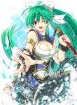  ;d ahoge armband bad_id bad_pixiv_id ball_and_chain blush bow brace bracer breasts cleavage cleavage_cutout green_hair hair_bow highres large_breasts long_hair one_eye_closed open_mouth outstretched_arm outstretched_hand pond ponytail red_eyes senri_(yabu-michi) shinrabanshou shizuku_(shinrabanshou) smile solo suirei_no_shizuku_(shinrabanshou) very_long_hair 