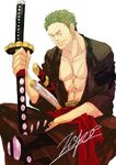  1boy boots character_name earrings eye_closed green_hair haramaki jewelry male male_focus male_only muscle one-eyed one_eye_closed one_piece open_clothes open_shirt robe roronoa_zoro sash scar shirt simple_background sitting smile solo sword weapon white_background 