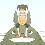  bad_id bad_pixiv_id bare_shoulders bike_shorts brown_hair eye_contact flip-flops hentai_oyaji looking_at_another looking_down looking_up on_head sandals short_twintails sitting smile tonari_no_totoro totoro twintails whiskers 