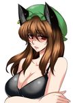  alternate_hairstyle animal_ears breasts brown_hair cat_ears chen cleavage collarbone hat jewelry large_breasts long_hair older parted_lips red_eyes simple_background single_earring solo tajima_yuuki touhou upper_body white_background 