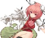  bandages double_bun ibaraki_kasen outstretched_arm pink_hair red_eyes short_hair simple_background smile solo tabard takemori_shintarou touhou white_background 