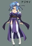  blue_eyes blue_hair breasts cleavage detached_sleeves full_body gekato hair_ornament japanese_clothes large_breasts legs original shoes short_hair simple_background solo standing thighhighs thighs white_legwear 