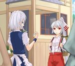  alternate_hairstyle bamboo_shoot basket braid daikon fujiwara_no_mokou hair_ribbon izayoi_sakuya long_hair maid maid_headdress miyo_(ranthath) multiple_girls pants pocket_watch ponytail ribbon short_hair suspenders touhou watch white_hair wristband 