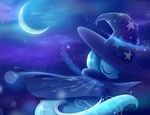  blue_fur blue_hair cape cool_colors crescent_moon equine eyes_closed female feral friendship_is_magic fur hair hat horse magic mammal misteelala moon moonlight my_little_pony pony simple_background solo stars trixie_(mlp) white_hair wizard_hat 