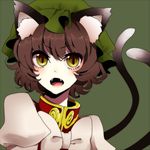  animal_ears bonnet bow brown_hair cat_ears cat_tail chen curly_hair fangs green_background hat looking_at_viewer multiple_tails neko-san_(dim.dream) open_mouth short_hair simple_background slit_pupils solo tail touhou 