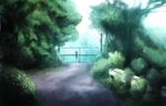  absurdres black_hair blue_eyes commentary gate highres jacket onibi_(foxhound4185) original road scenery skirt solo tree 