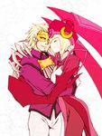  android blazblue blonde_hair claws couple cuddling domino_mask earrings gloves highres hug husband_and_wife ignis_(blazblue) mask monster_girl relius_clover robot_ears robot_girl smile 