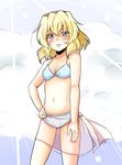  alice_margatroid bikini blonde_hair blue_eyes cloud hairband navel open_mouth pink_sarong sarong short_hair skirt solo swimsuit taka_(taka_wo_kukuru) touhou translucent_sarong wind 