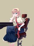  alice_margatroid bad_id bad_pixiv_id barefoot bespectacled blonde_hair blue_eyes capelet chair frills glasses hairband highres long_skirt necktie sash short_hair skirt solo table tama_(speedgrapher) touhou 
