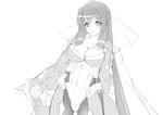  asama_tomo blush bodysuit bow breasts cleavage flower frills greyscale hair_tubes kyoukaisenjou_no_horizon large_breasts lintanghaseo long_hair monochrome pantyhose smile solo 