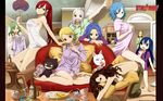  6+girls :o barefoot bisca_mulan blonde_hair blue_eyes blue_hair blush bottomless bra breasts brown_eyes brown_hair cana_alberona cat charle_(fairy_tail) dog drink eating erza_scarlet evergreen evergreen_(fairy_tail) fairy_tail fan feet food glasses green_hair highres juvia_loxar kana_alberona large_breasts legs levy_mcgarden lingerie lucy_heartfilia mashima_hiro mirajane mirajane_strauss multiple_girls official_art open_mouth pajamas panties pillow pizza red_eyes red_hair sideboob sitting stiky_finkaz tattoo topless towel underwear visca_mulan wendy_marvell white_hair 