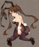  animal_ears ass bare_shoulders blush breasts brown_eyes brown_hair bunny_ears bunnysuit cameltoe condom condom_in_mouth from_behind high_heels landolt_tamaki long_hair looking_back medium_breasts mouth_hold nipple_slip nipples original pantyhose shoes solo tail tail_through_clothes twintails wrist_cuffs 