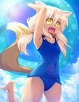  :d animal_ears blonde_hair blue_swimsuit collar fang fox_ears fox_tail highres holding innertube leg_up long_hair one-piece_swimsuit open_mouth original school_swimsuit smile solo sorano_(12gou) swimsuit tail tan twintails wet yellow_eyes 