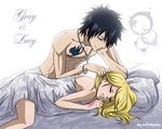  1girl afterglow artist_name blonde_hair character_name couple fairy_tail gray_fullbuster hetero lucy_heartfilia milady666 naked_sheet sleeping white_background 