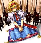  alice_margatroid blonde_hair blue_eyes blush capelet doll frills glowing glowing_eyes hairband highres kneeling lance melon22 open_mouth pillow polearm puppet_rings puppet_strings red_eyes sash shanghai_doll short_hair short_sleeves solo string touhou weapon 
