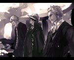  bad_id bad_pixiv_id cigarette earrings facial_hair faux_traditional_media formal hair_over_one_eye hat jewelry looking_away male_focus monkey_d_luffy monochrome multiple_boys one_piece roronoa_zoro sanji scar serious short_hair smoking standing straw_hat suit tsuyomaru 