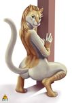  blue_eyes breasts butt cat crouching digitigrade feline female hair hindpaw looking_at_viewer looking_back mammal nude paws pose side_boob solo ultrafox 