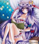  bare_legs barefoot bed blush book bottomless breasts canopy_bed censored cleavage collarbone convenient_censoring crescent frilled_pillow frills hair_ribbon hat large_breasts leg_ribbon long_hair looking_at_viewer marker_(medium) on_bed open_mouth patchouli_knowledge pillow puffy_sleeves purple_eyes purple_hair reading ribbon ryumaira shirt short_sleeves sitting solo striped striped_shirt touhou traditional_media wrist_cuffs 