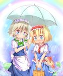  &gt;_&lt; alice_margatroid apron basket blonde_hair blue_eyes blush bow braid capelet closed_eyes doll flower frills hair_bow hairband holding holding_umbrella hydrangea izayoi_sakuya long_skirt maid maid_headdress multiple_girls open_mouth rain rainbow sash shanghai_doll shared_umbrella short_hair short_sleeves silver_hair skirt smile snail touhou twin_braids umbrella umi_suzume 