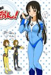  akiyama_mio black_eyes black_hair blush cosplay highres hime_cut hirasawa_yui impossible_clothes iwasan k-on! long_hair moe_moe_kyun! multiple_girls pilot_suit shy tainaka_ritsu translation_request uchuu_senkan_yamato uchuu_senkan_yamato_2199 