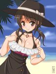  adjusting_clothes bare_shoulders beach breasts brown_eyes brown_hair casual choker cleavage cloud day dress halterneck hat heart large_breasts looking_at_viewer okita_sawa open_mouth outdoors shimeta_hiromitsu sky smile solo tari_tari tree twintails water 