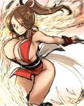  bakuya bare_shoulders bouncing_breasts breasts brown_eyes brown_hair curvy fatal_fury highres huge_breasts pelvic_curtain ponytail revealing_clothes shiranui_mai sketch smile solo the_king_of_fighters 