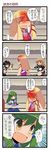  4girls 4koma adapted_costume alternate_costume alternate_eye_color black_hair blonde_hair blood brown_eyes brown_hair closed_eyes comic dei_shirou detached_sleeves green_hair grey_eyes hair_ornament hair_tubes hat highres hijiri_byakuren kochiya_sanae long_hair long_sleeves moriya_suwako multiple_girls navel necktie open_mouth pocket_watch puffy_sleeves referee shameimaru_aya short_hair short_sleeves snake tokin_hat touhou translated watch yellow_eyes 