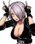  ahoge angel_(kof) bakuya blue_eyes breasts cleavage fingerless_gloves gloves hair_over_one_eye highres horns_pose large_breasts lavender_hair lips silver_hair simple_background solo the_king_of_fighters upper_body white_background 