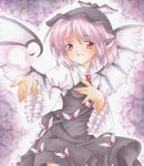  :d animal_ears frilled_sleeves frills hand_on_own_chest hat long_sleeves marker_(medium) music mystia_lorelei open_mouth outstretched_hand pastel_(medium) pink_hair puffy_sleeves purple_background red_eyes satsuki_(gogotaru) singing skirt skirt_set smile solo touhou traditional_media wide_sleeves wings 