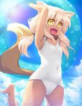  :d animal_ears blonde_hair collar day fang fox_ears fox_tail highres holding innertube leg_up long_hair one-piece_swimsuit open_mouth original school_swimsuit smile solo sorano_(12gou) swimsuit tail tan twintails wet white_swimsuit yellow_eyes 