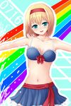  alice_margatroid alternate_costume aqua_eyes bad_id bad_pixiv_id blonde_hair blush breasts cleavage collarbone hairband highres medium_breasts navel open_mouth outstretched_arms rainbow short_hair solo tama_go touhou 
