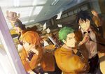  adjusting_necktie black_hair blonde_hair cigarette classroom desk female goggles green_hair highres male monkey_d_luffy nami nami_(one_piece) necktie one_piece orange_hair paper reindeer roronoa_zoro sanji scar school school_uniform shirt student sword tony_tony_chopper uniform usopp weapon white_shirt window 