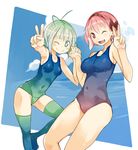  2girls ;) ;d bad_id bad_pixiv_id bow character_request cloud day green_eyes green_hair hairband holding_hands multiple_girls nakahara_(teriyaki) one-piece_swimsuit one_eye_closed open_mouth original pink_eyes pink_hair school_swimsuit short_hair skirt sky smile swimsuit teriyaki thighhighs v 