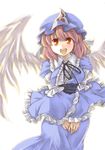  :d absurdres anarogumaaa angel_wings dress feathered_wings hat highres open_mouth pink_hair red_eyes saigyouji_yuyuko short_hair smile solo touhou white_background wings 