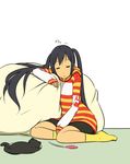  alternate_costume bike_shorts black_hair blush cat cat_teaser closed_eyes highres hood hoodie k-on! long_hair long_sleeves maria_1/2 nakano_azusa open_mouth sleeping socks solo striped twintails yellow_legwear 