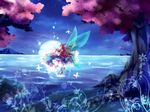  blue_eyes bug butterfly dress fairy fairy_wings full_moon high_heels highres horizon insect long_hair mochizuki_shiina moon mountain original red_hair scenery shoes sky solo star_(sky) starry_sky tree water wings 