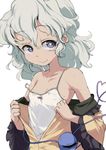  areola_slip areolae ario bare_shoulders camisole child eyeball heart heart-shaped_pupils komeiji_koishi no_hat no_headwear off_shoulder open_clothes open_shirt shirt short_hair silver_eyes silver_hair simple_background smile solo strap_slip sweat symbol-shaped_pupils third_eye touhou undressing upper_body white_background 