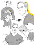  android artist_request bad_id bad_pixiv_id bishounen closed_eyes david_8 flower happy highres korean michael_fassbender prometheus_(movie) realistic science_fiction shirt short_hair smile t-shirt uniform weyland-yutani 