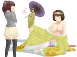  2girls amatlas black_hair blush breasts brown_hair ditto erika_(pokemon) female gym_leader hairband highres japanese_clothes kimono large_breasts long_hair multiple_girls nintendo panties pokemon ponytail short_hair sitting skirt thighhighs topless underwear 