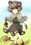  animal_ears bad_id bad_pixiv_id basket bishamonten's_pagoda boots capelet curly_hair dress grey_hair jewelry light_smile mouse_ears mouse_tail nazrin neko-san_(dim.dream) pendant red_eyes short_hair solo standing tail tail_hold touhou 