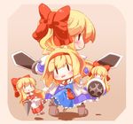  :o alice_margatroid blonde_hair blush boots capelet chibi goliath_doll hairband holding hourai_doll mochinabe polearm shanghai_doll short_hair solid_oval_eyes solo spear sword touhou weapon 