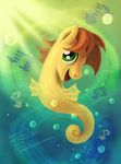  aquatic brown_hair bubble bubbles equine fins fish friendship_is_magic green_eyes hair horse looking_at_viewer male mammal marine my_little_pony open_mouth original_character pony sea_pony seahorse simple_background solo tsitra360 underwater water yellow_skin 