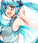  :d aqua_eyes aqua_hair armpits hatsune_miku kurabayashi long_hair looking_at_viewer necktie open_mouth simple_background smile solo twintails vocaloid white_background 