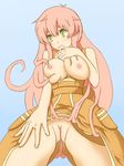  1girl bare_shoulders blush breast_grab breasts dress eyebrows female grabbing green_eyes highres jinrui_wa_suitai_shimashita large_breasts long_hair masturbation nipples pink_hair pussy solo thick_eyebrows uncensored watashi_(jintai) 