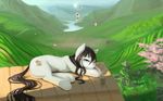  brown_hair cup cutie_mark detailed_background equine female feral field flower friendship_is_magic fruitbloodmilkashake grey_eyes hair hi_res horse lying mammal my_little_pony ocha on_side original_character pedal pony relaxing river smile solo tea water wood 